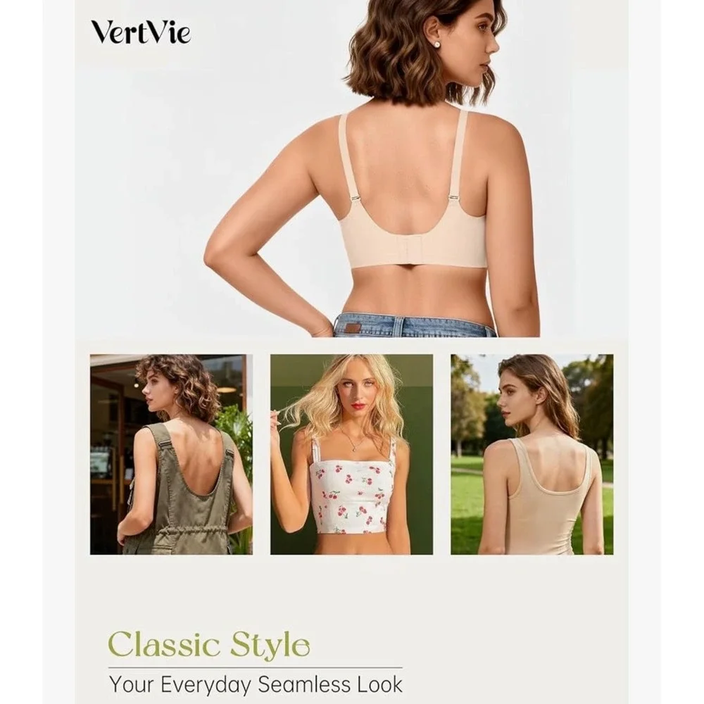 VertVie Wireless‎ Support Bra Beige Convertible Straps Seamless Scalloped Large
